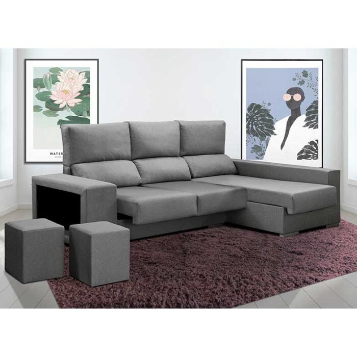 sofa chaiselongue com pufs cinzento