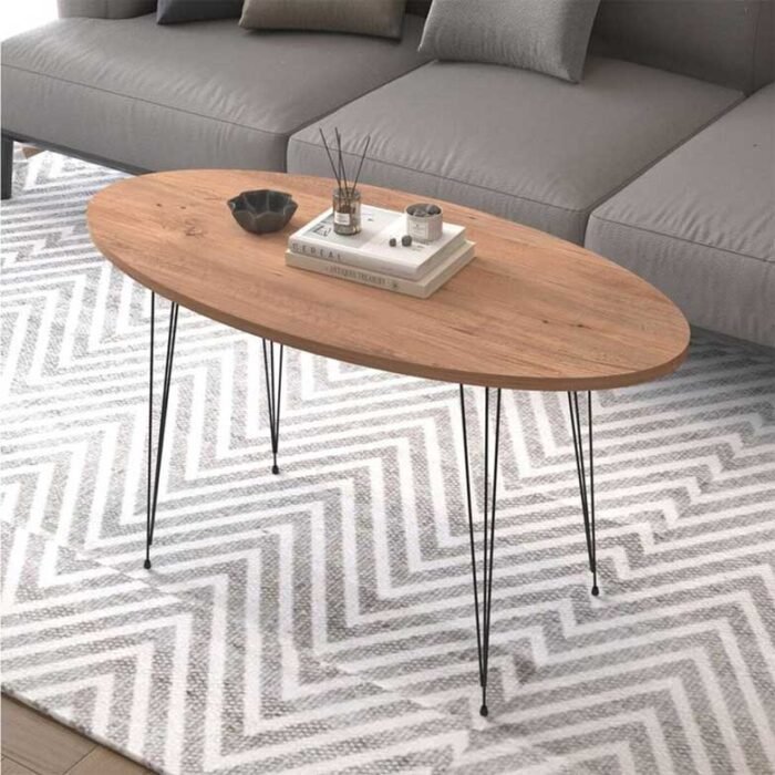 mesa de centro oval madeira e metal