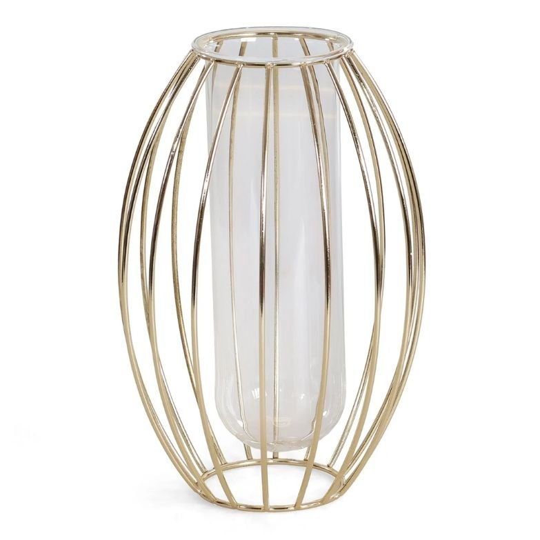 Lanterna Decorativa Dourada em Metal e Vidro – Porta-Velas