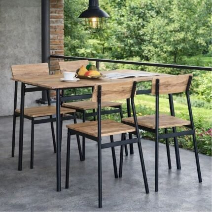 Conjunto Mesa de Jantar com 4 Cadeiras – Preto e Carvalho Estilo Industrial