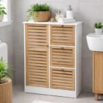 Armário de Casa de Banho Branco e Madeira Natural com 1 Porta e 3 Gavetas
