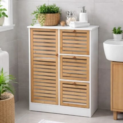 Armário de Casa de Banho Branco e Madeira Natural com 1 Porta e 3 Gavetas