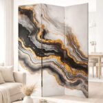 Biombo Divisória de 3 Painéis com Efeito Mármore Preto, Cinza e Dourado