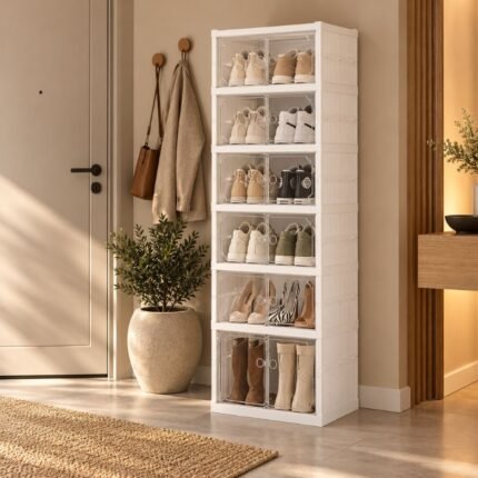 Sapateira Modular Branca de 6 Níveis com Portas Transparentes Duplas – Plastix