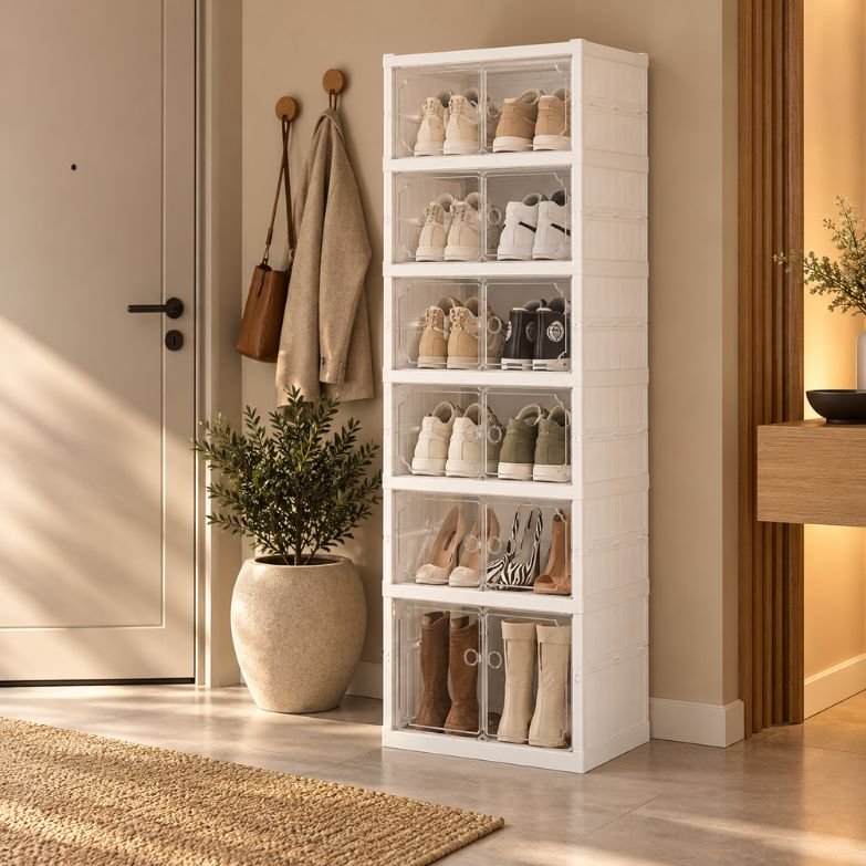 Sapateira Modular Branca de 6 Níveis com Portas Transparentes Duplas – Plastix