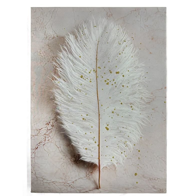 Tela Decorativa Pena Branca com Detalhes Dourados – 50 × 70 cm