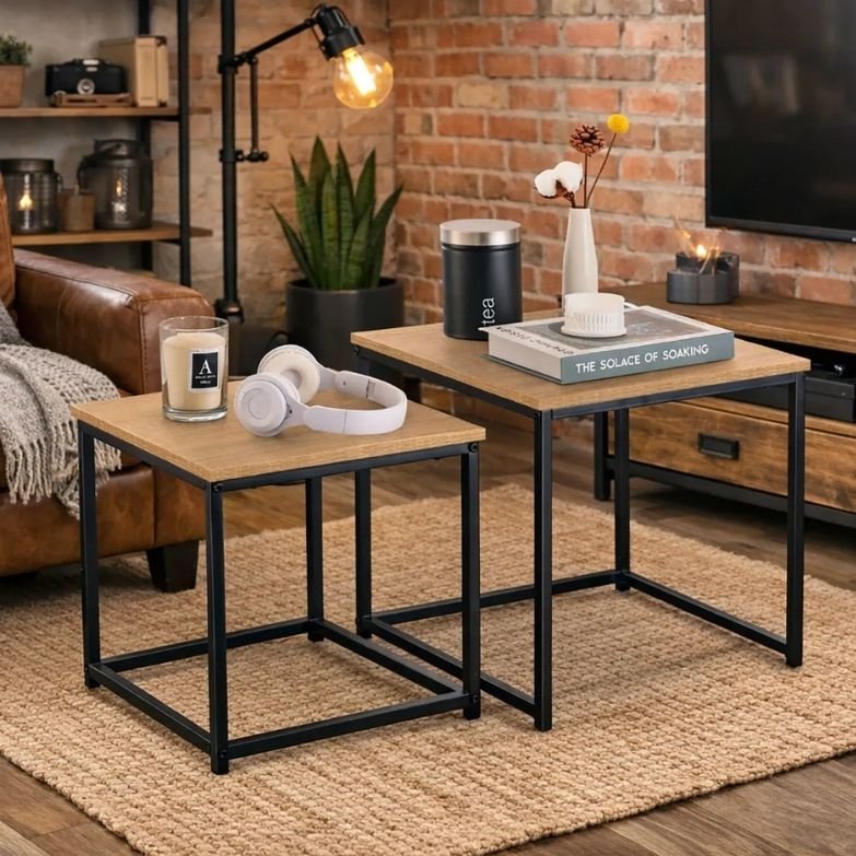Mesa de Apoio Quadrada Industrial – Preto e Carvalho