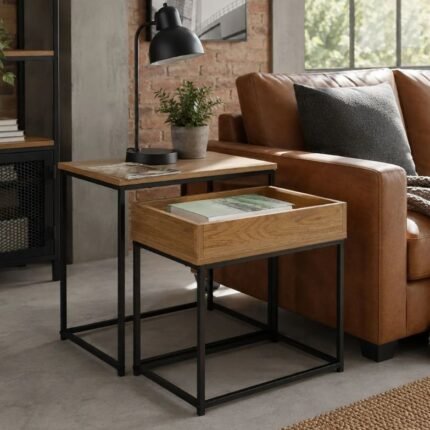 Mesa de Apoio Industrial com Arrumação – Preto e Carvalho