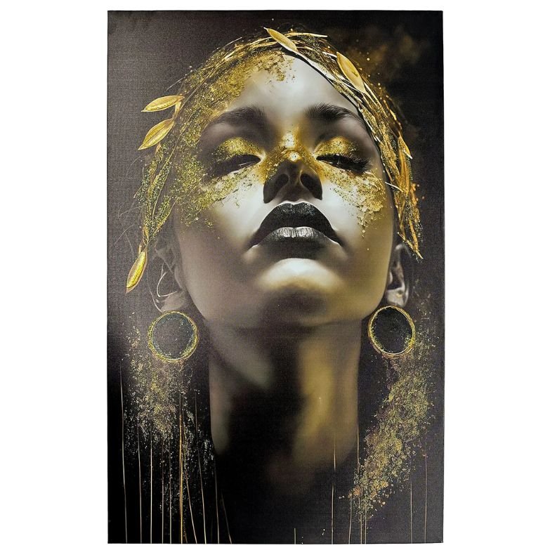 Tela Decorativa Rosto Feminino Preto e Dourado – 50 × 70 cm