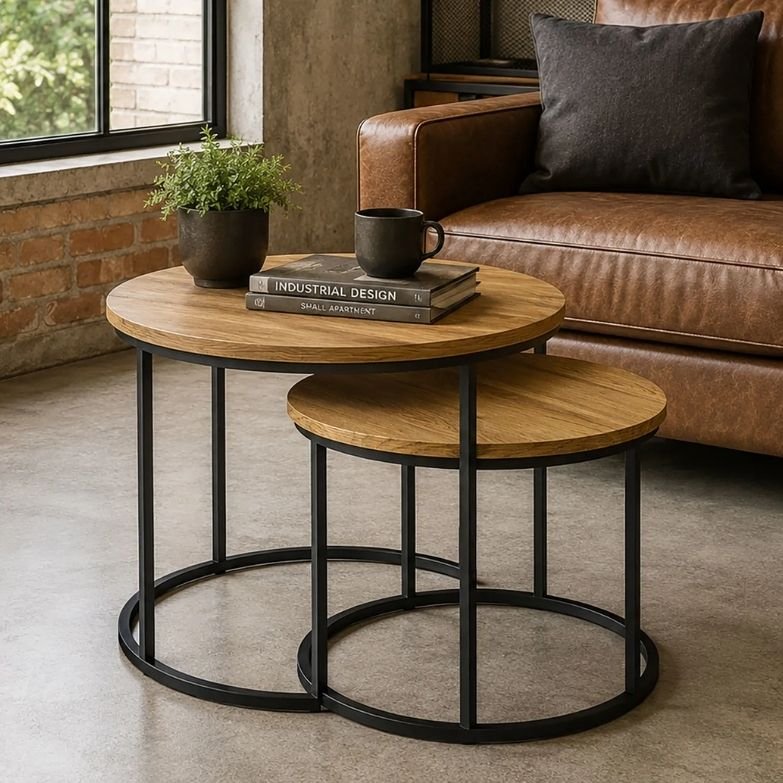 Mesa de Apoio Redonda Industrial – Preto e Carvalho