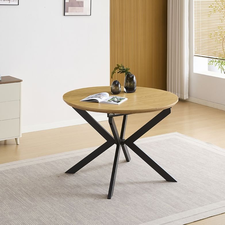 Mesa de Jantar Redonda Extensível em Carvalho Natural com Pés Pretos