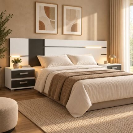Cabeceira de Cama Branca e Cinza com Iluminação LED