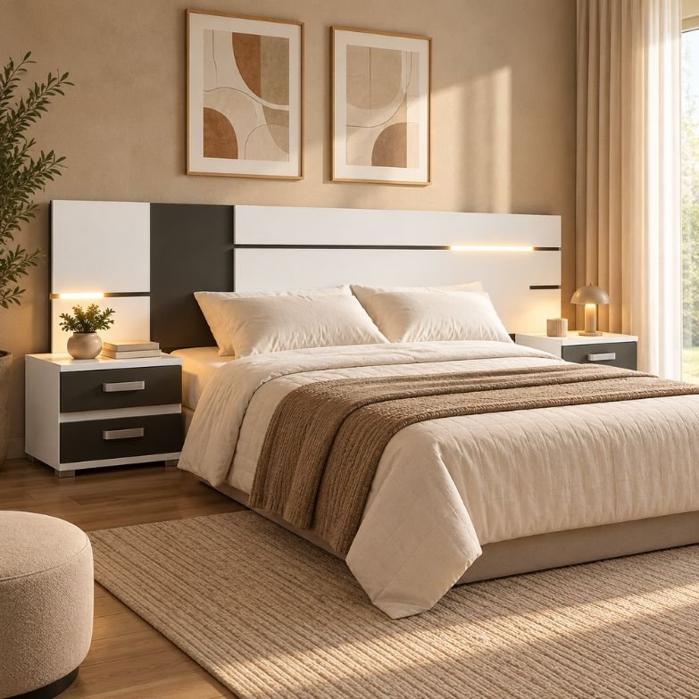 Cabeceira de Cama Branca e Cinza com Iluminação LED