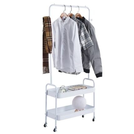 Cabide de Roupa Branco com Rodas e 2 Prateleiras