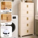 Armário Modular Dobrável Bege com 5 Compartimentos e Rodas