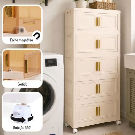 Armário Modular Dobrável Bege com 5 Compartimentos e Rodas