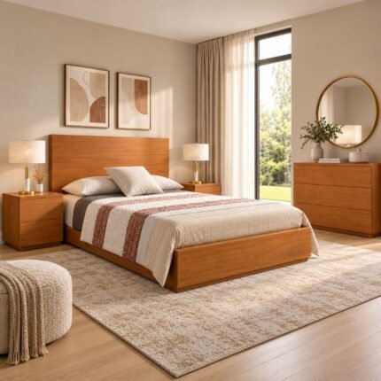 Quarto de Casal Completo em Tom Carvalho Natural – Cama, 2 Mesas de Cabeceira e Cómoda