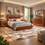Quarto de Casal Completo em Tom Cerejeira com Apontamentos Espelhados – Cama, 2 Mesas de Cabeceira e Cómoda