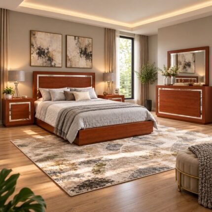 Quarto de Casal Completo em Tom Cerejeira com Apontamentos Espelhados – Cama, 2 Mesas de Cabeceira e Cómoda